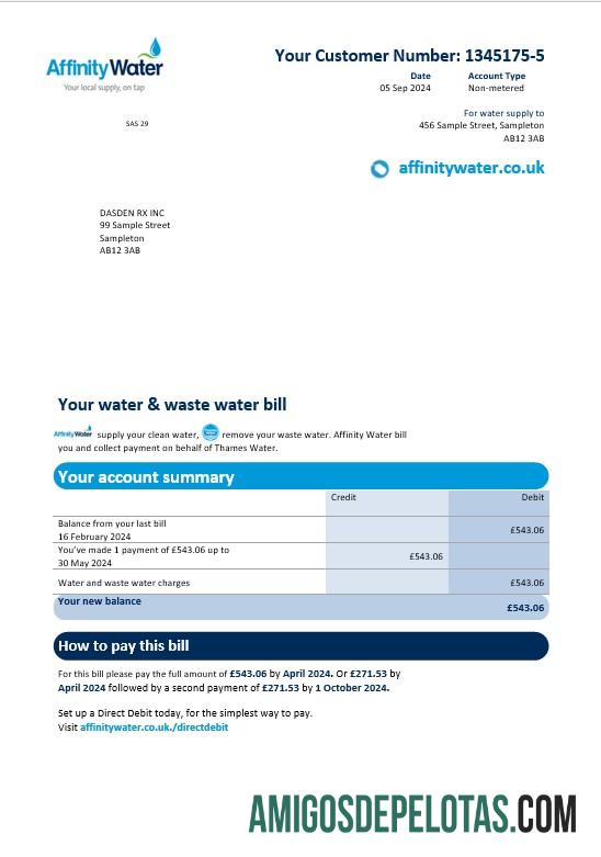 Para baixar modelo de fatura de serviços públicos de água de afinidade do Reino Unido em formatos Word e PDF